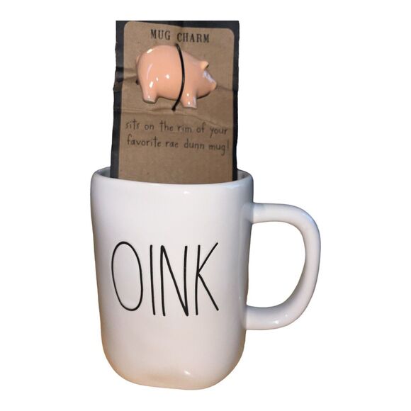 Rae Dunn OINK  Mug with PIG Charm sits On Cup Edge Farmhouse Collection NWT - Picture 3 of 5